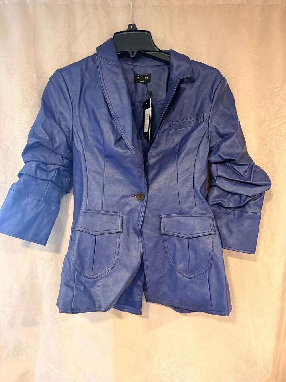 Fate Scrunch Sleeve Faux Leather Blazer Size Small DP Blue